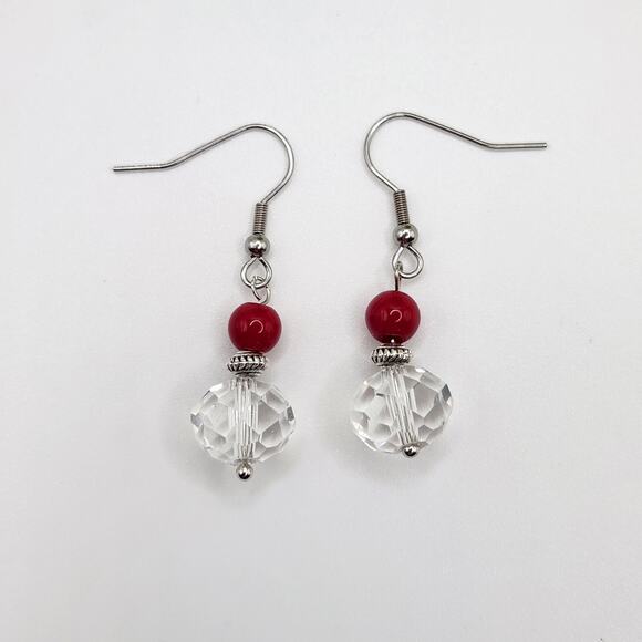 Handmade Earrings with Crystal, Red Coral – 1.5" Dangle - Picture 5 of 6